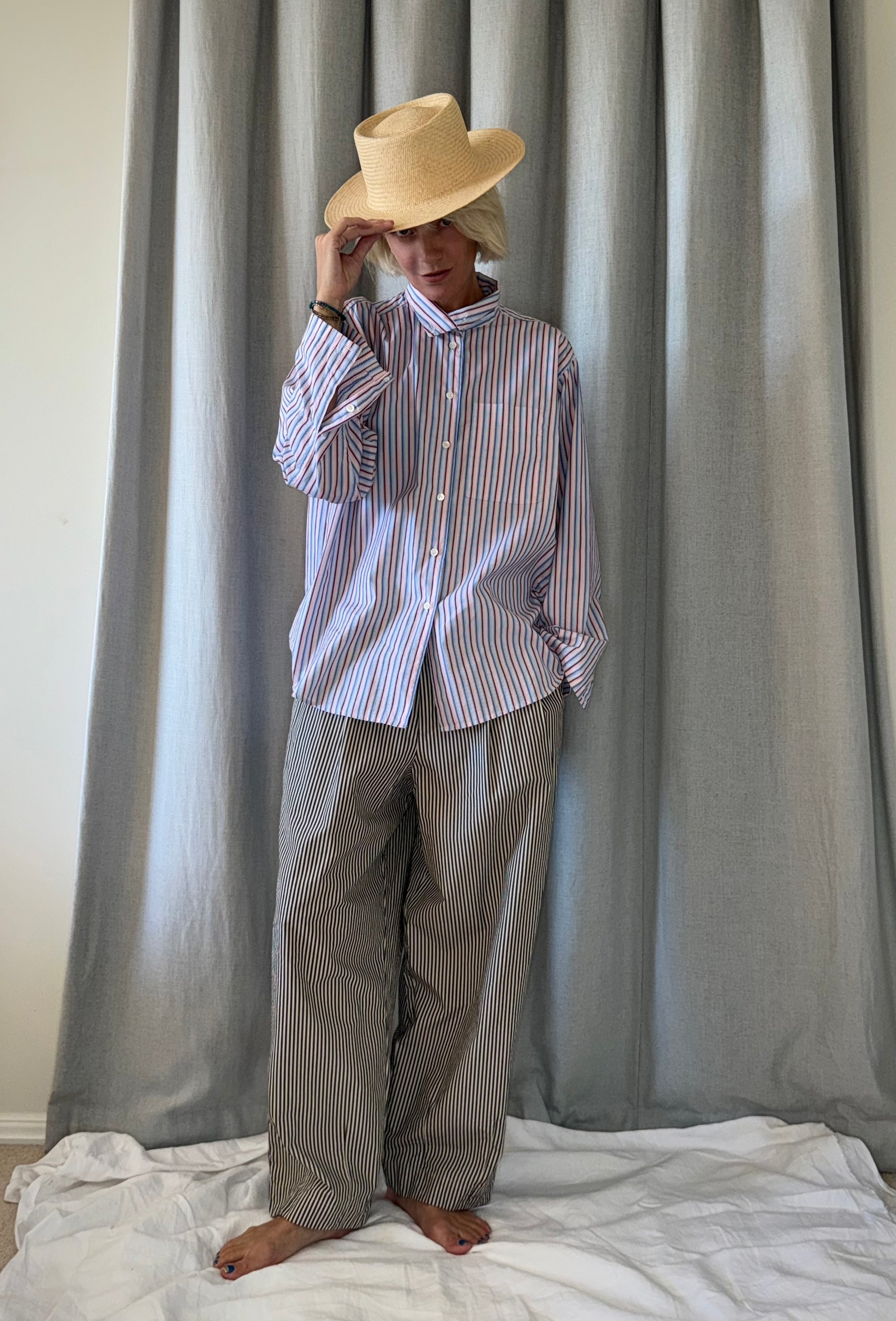 TOKYO TROUSER Beige Brown Stripe Cotton