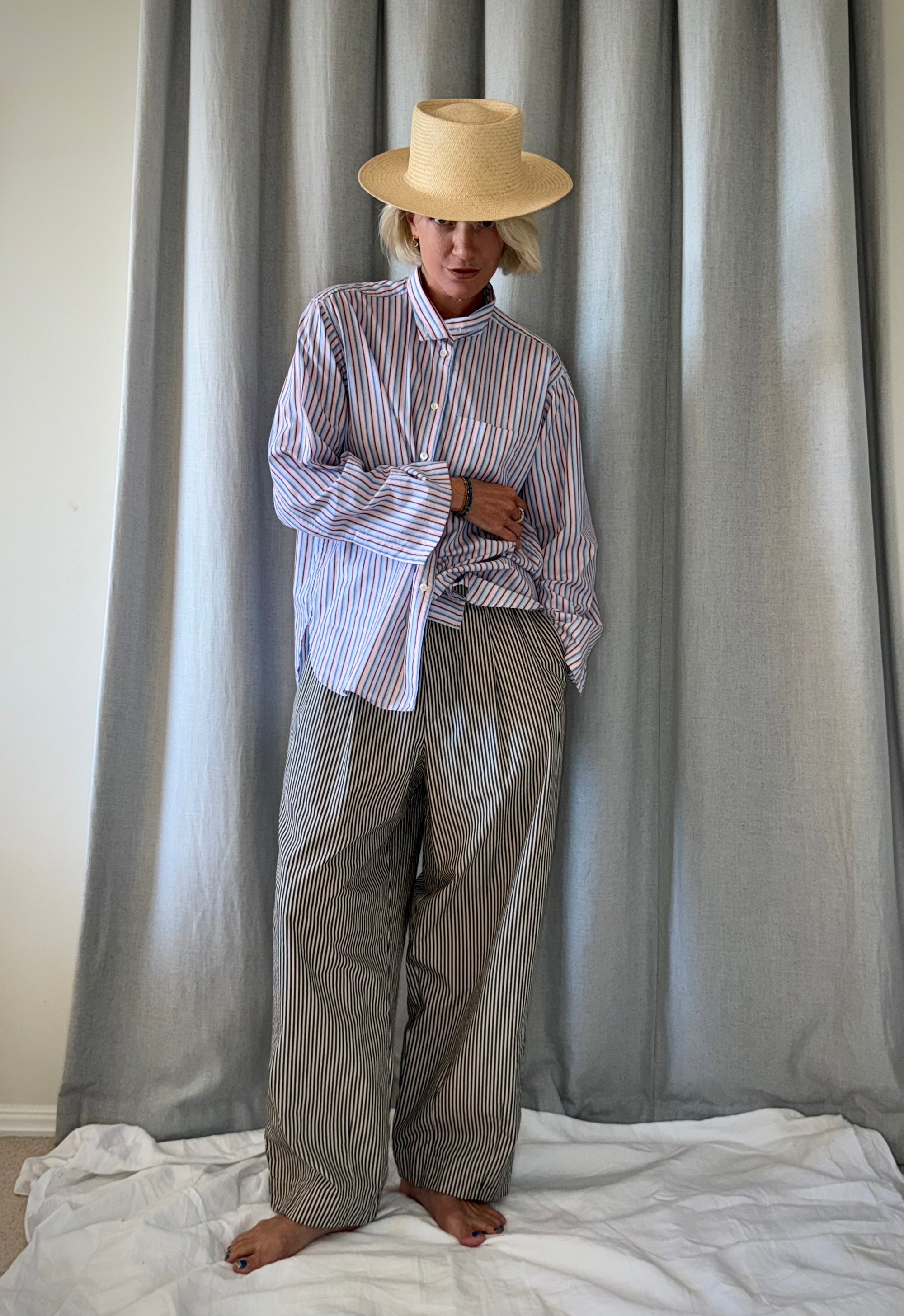 TOKYO TROUSER Beige Brown Stripe Cotton